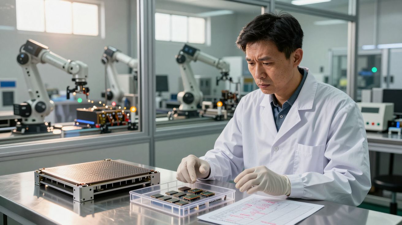 Cientista em laboratório a examinar componentes eletrónicos com equipamento robótico ao fundo.