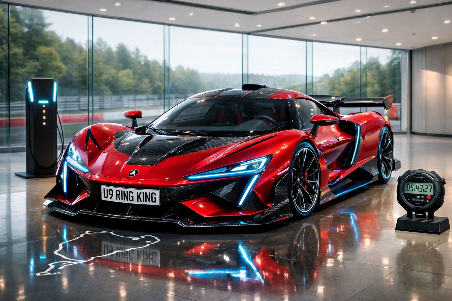 Carro desportivo vermelho elétrico estacionado em interior moderno com carregador e cronómetro digital.