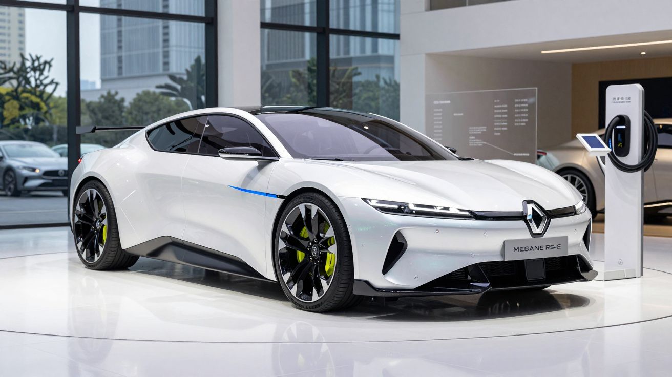 Carro elétrico desportivo Renault Megane RS E branco em exposição numa sala moderna com carregador elétrico ao lado.