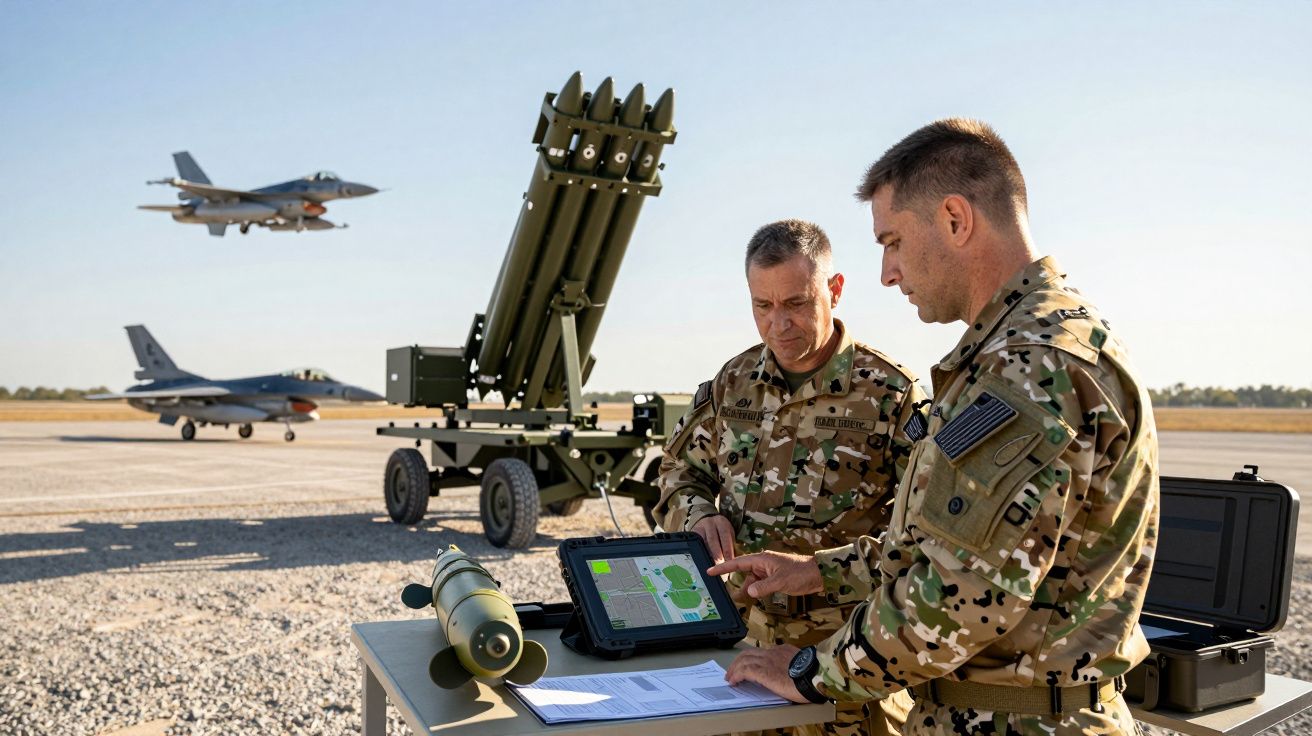 Dois militares com equipamento camuflado analisam dados táticos num tablet perto de armamento pesado e caças no solo e a voar