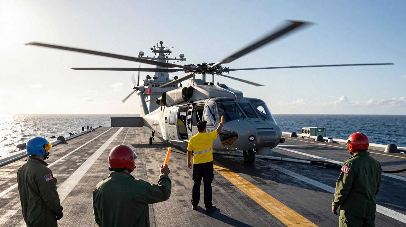 Helicóptero militar em convés de porta-aviões com tripulação a guiar o pouso no mar aberto.
