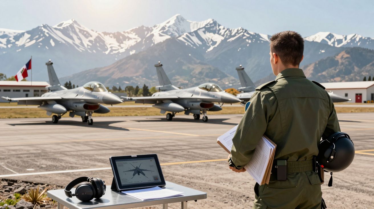 Militar observa jatos F-16 numa pista com montanhas nevadas ao fundo e equipamentos sobre mesa.