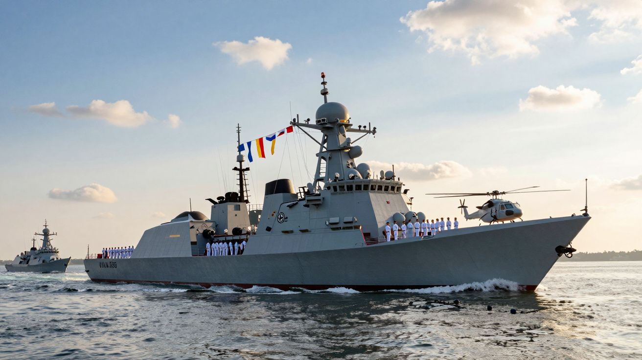 Cruzador naval cinzento com marinheiros fardados alinhados no convés e helicóptero, navegando ao pôr do sol.