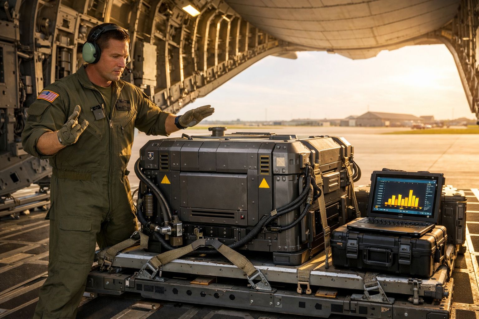 Soldado com fato militar verifica equipamento tecnológico dentro de uma aeronave de carga militar.