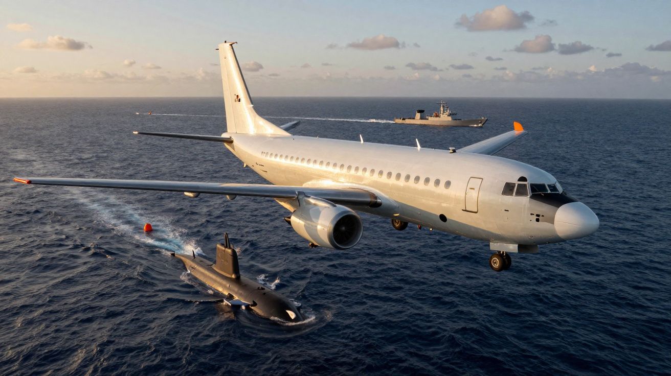 Avião branco a voar sobre o mar com submarino e navio militar visíveis na água abaixo.