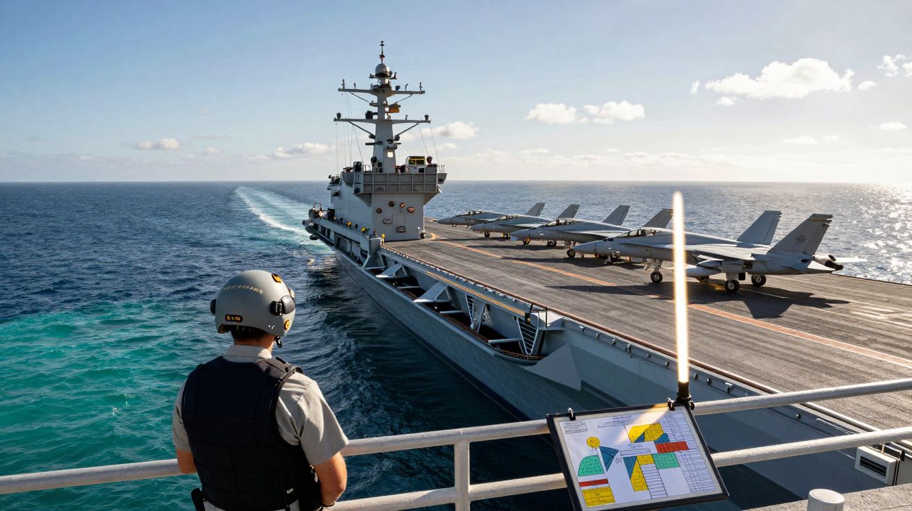 Homem com capacete observa porta-aviões com vários jatos militares estacionados no convés no mar.
