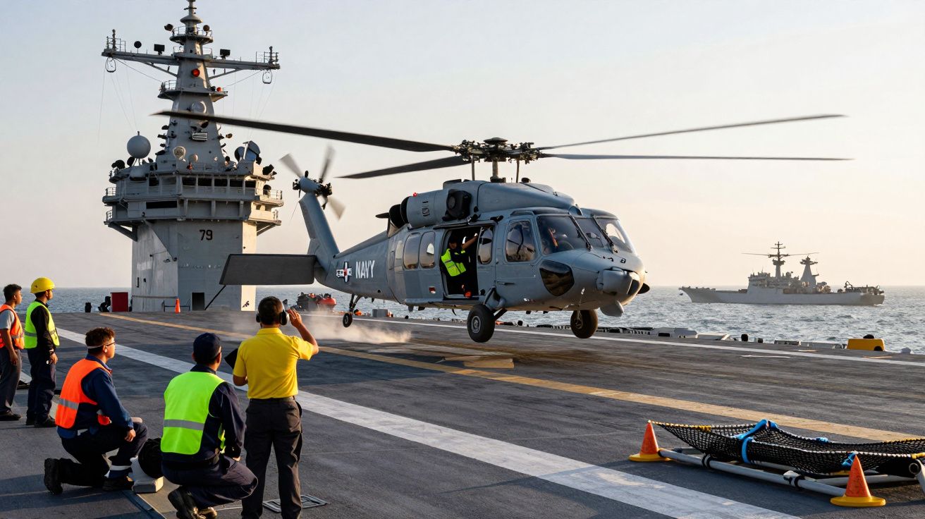 Helicóptero militar da marinha a pousar num porta-aviões com tripulantes a observar no convés ao pôr-do-sol.