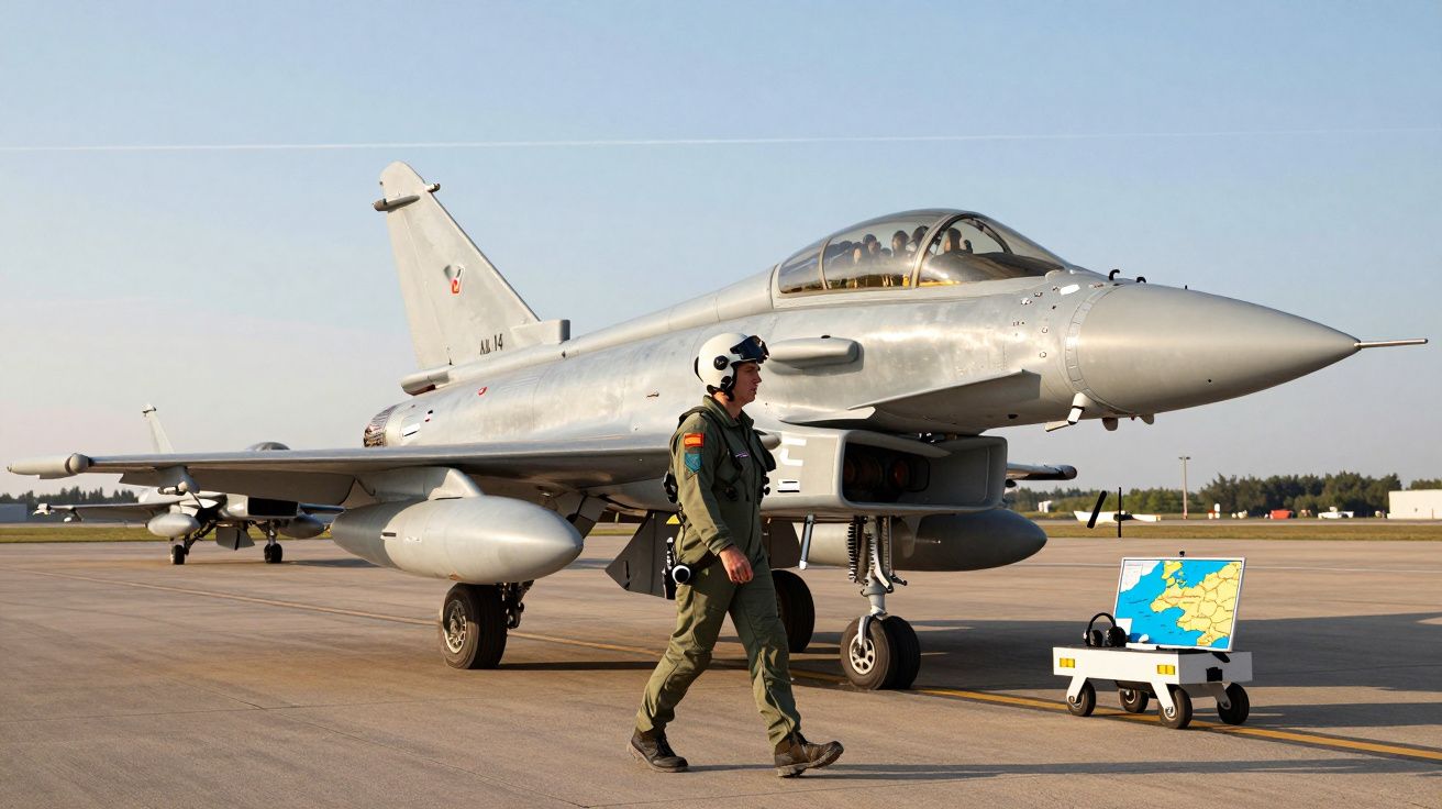 Caça militar cinzento na pista com piloto em uniforme e equipamento a caminhar ao lado, sob céu claro.