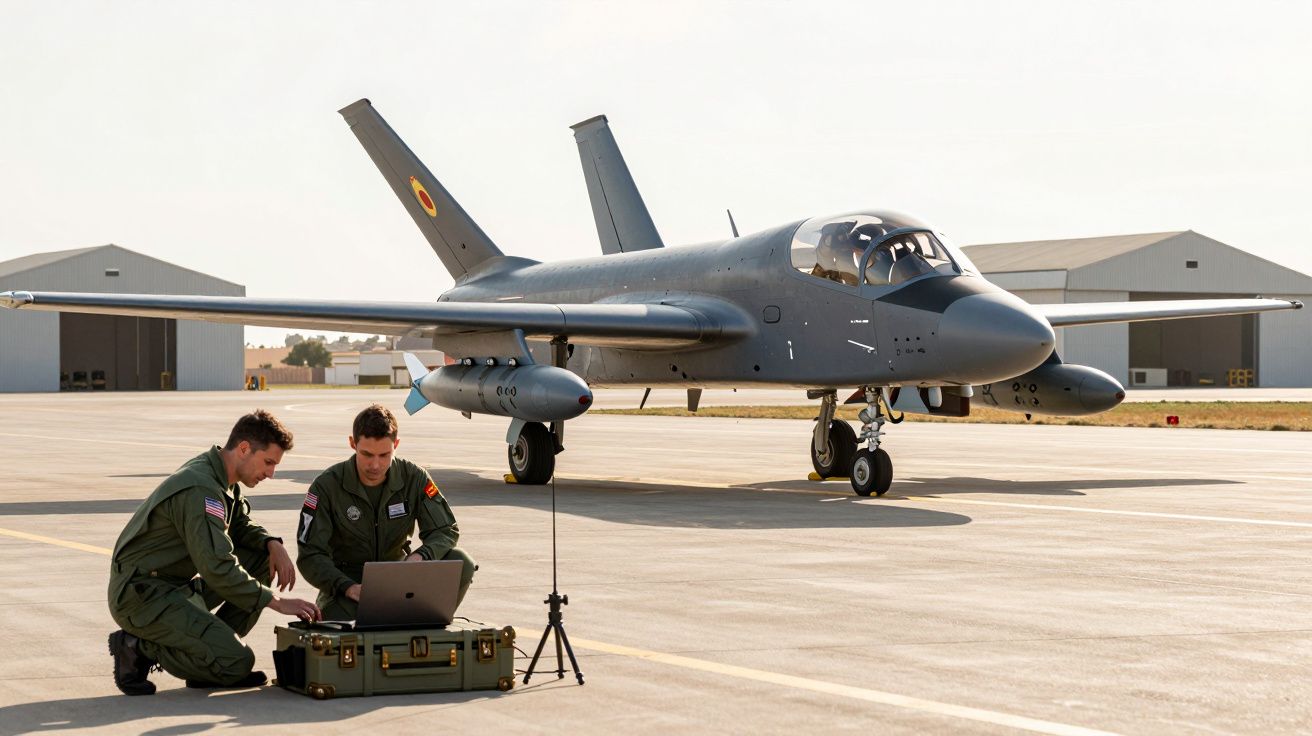 Dois pilotos militares a operar equipamento técnico junto a um avião de combate estacionado num aeródromo.