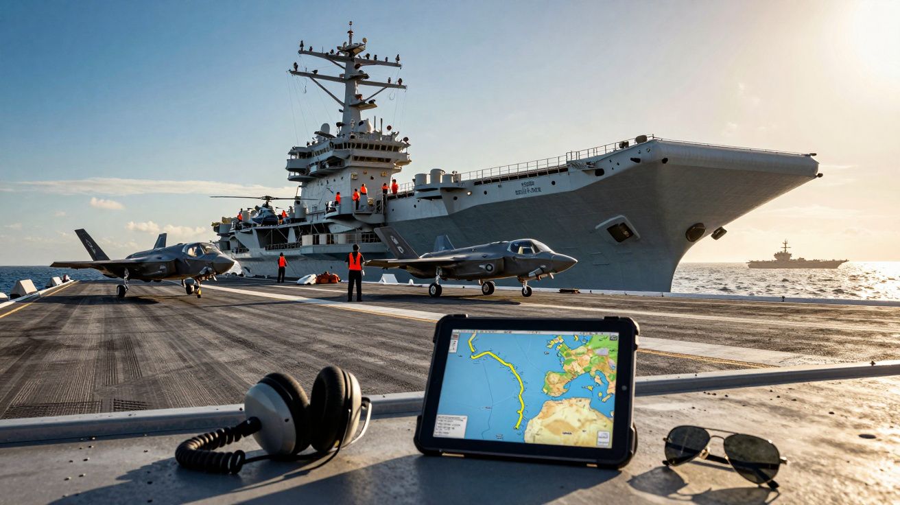 Porta-aviões com aviões de combate na pista, tablet com mapa marítimo, auriculares e óculos de sol no convés.
