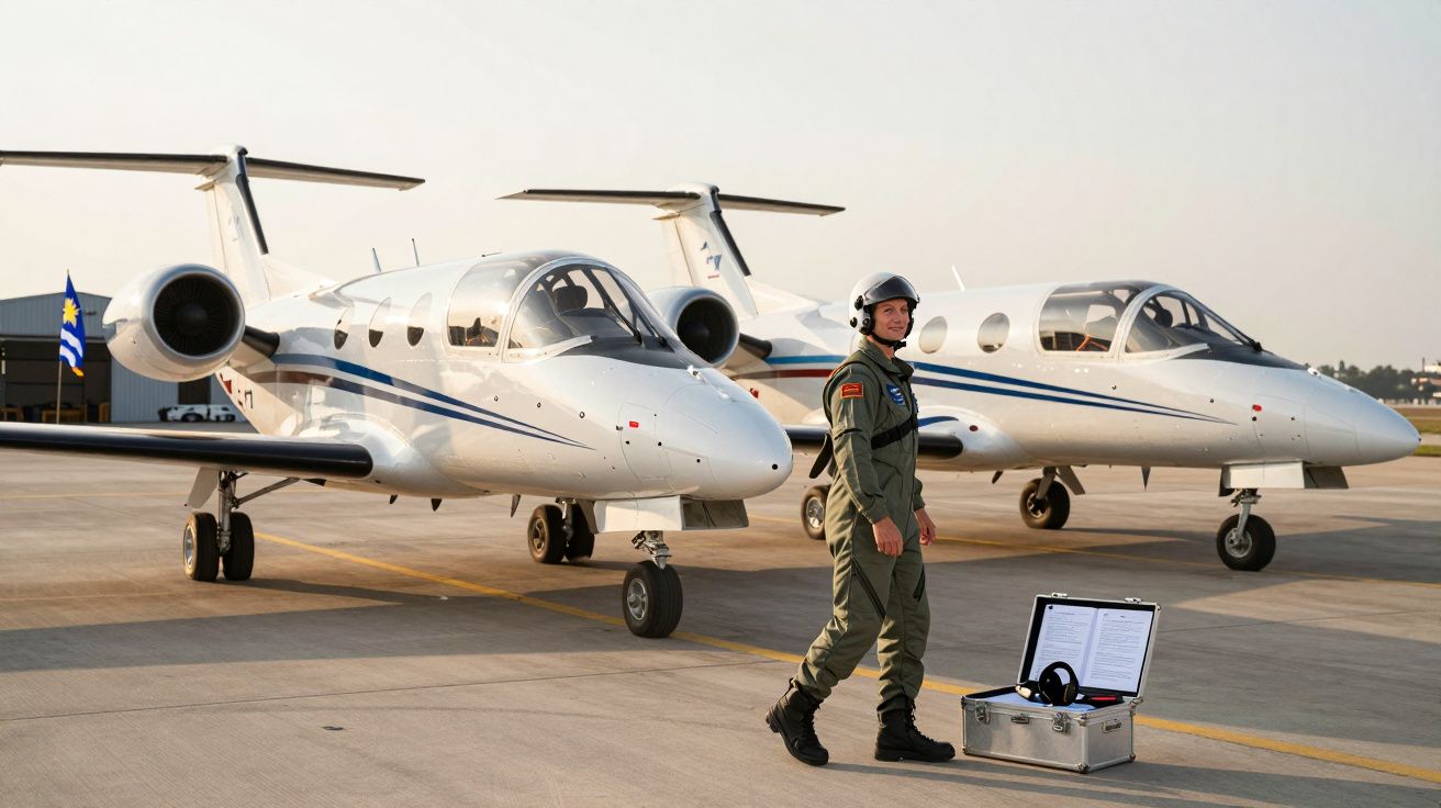 Piloto em fato verde e capacete a caminhar junto a dois jatos brancos estacionados numa pista de aeroporto.
