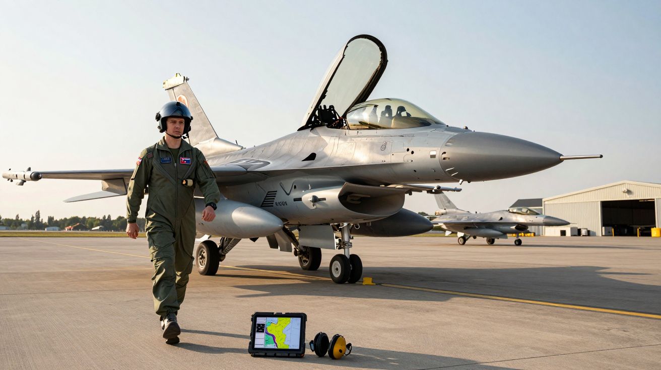 Piloto militar a caminhar junto a caça F-16 estacionado em aeroporto com hangar ao fundo.
