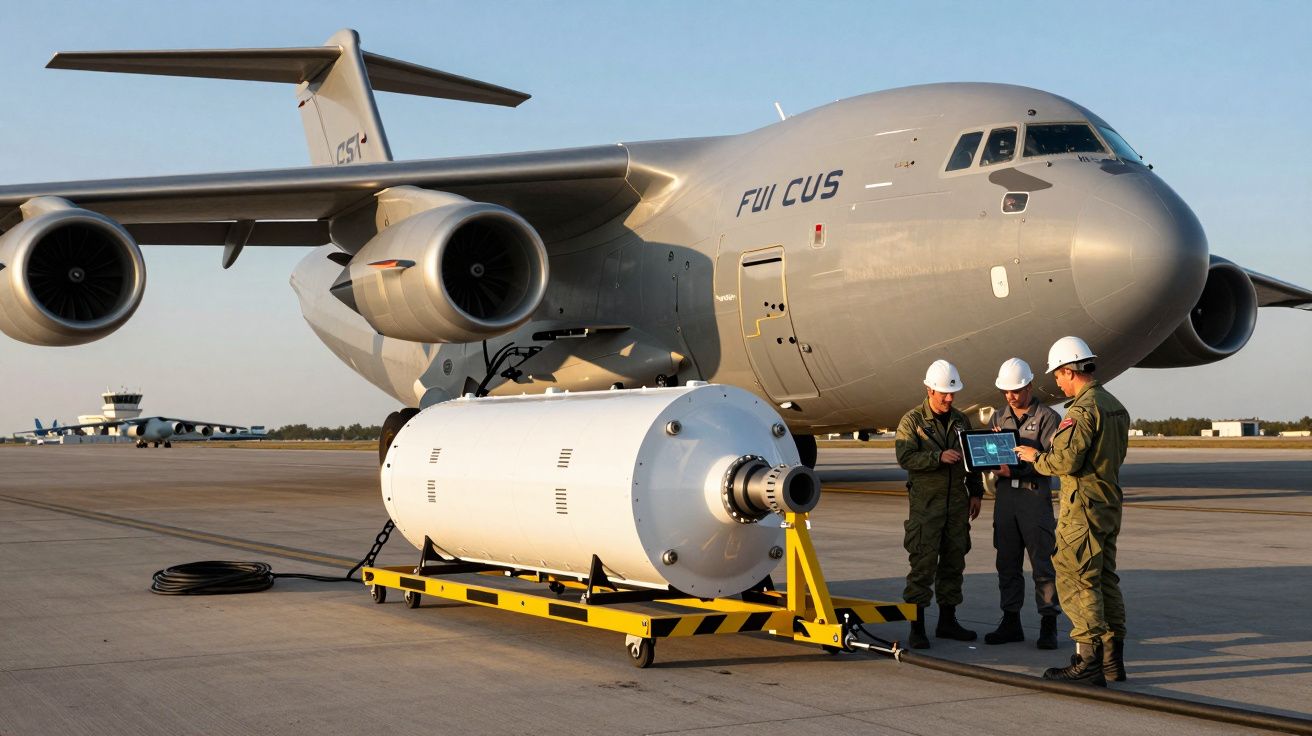 Três militares com capacetes em frente a um avião militar cinzento e grande equipamento cilíndrico no solo.