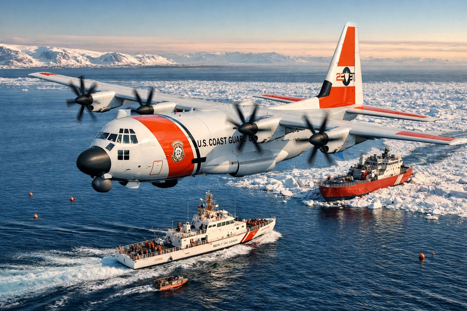 Avião da Guarda Costeira dos EUA em voo sobre mar gelado com dois navios costeiros e barcos pequenos.