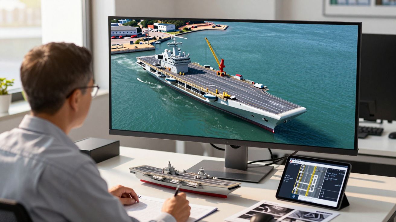 Pessoa a analisar projeto de porta-aviões em computador, com modelo físico e esquema digital na secretária.