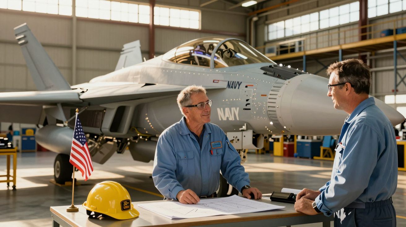 Dois técnicos em macacão azul trabalham junto a um jato militar numa oficina, com capacete e bandeira dos EUA na mesa.
