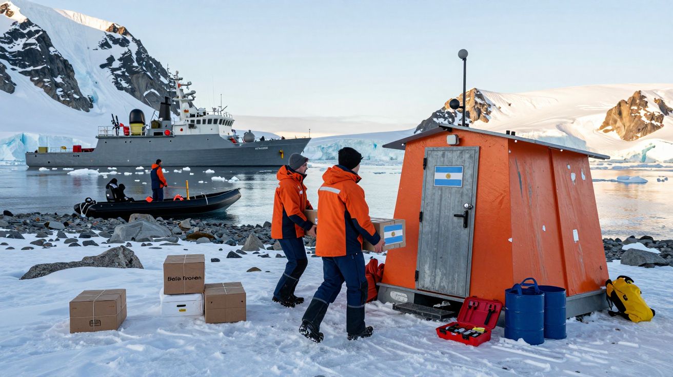 Duas pessoas com roupas de frio removem uma bandeira da Argentina de uma pequena estação laranja na Antártida.