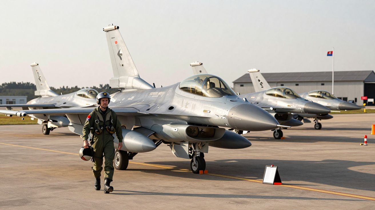 Caça F-16 estacionado em pista com piloto militar a caminhar próximo numa base aérea durante o dia.