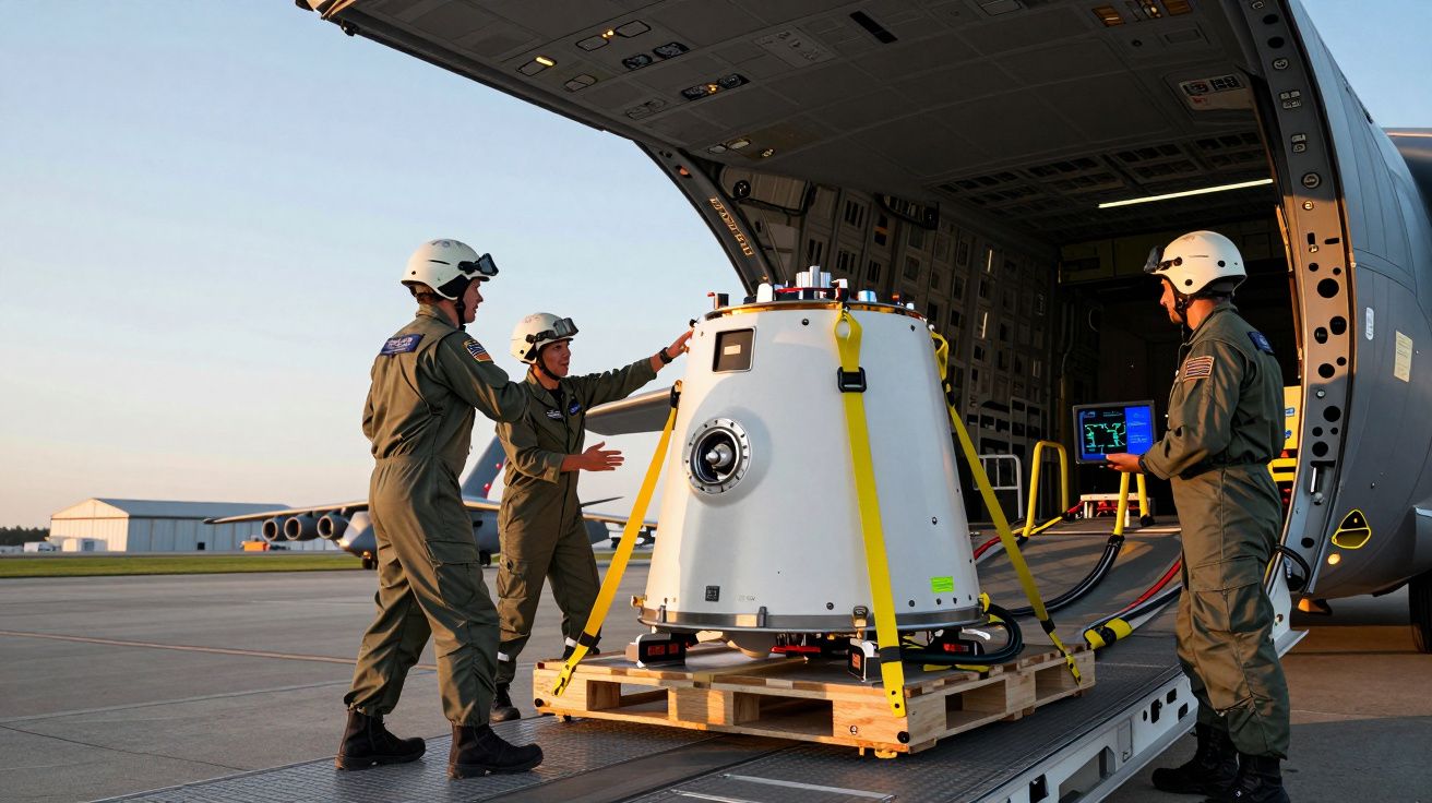 Três militares carregam equipamento espacial branco para dentro de avião militar no aeroporto ao pôr do sol.