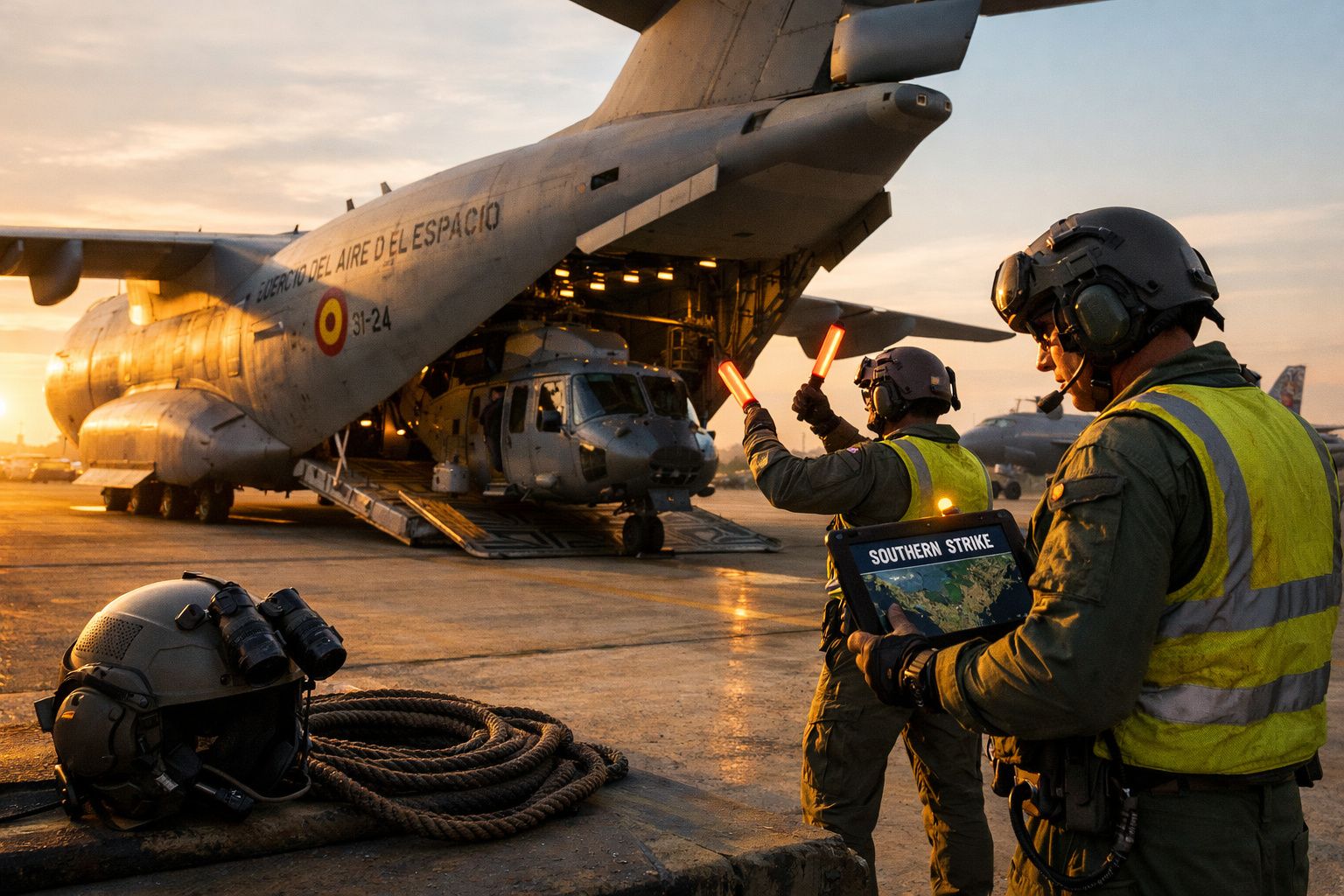 Militares a guiar a saída de um helicóptero de transporte aéreo ao pôr do sol num aeródromo.