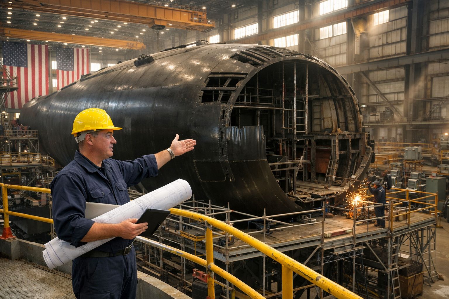 Engenheiro com capacete amarelo e planos observa construção de um grande submarino em estaleiro industrial.