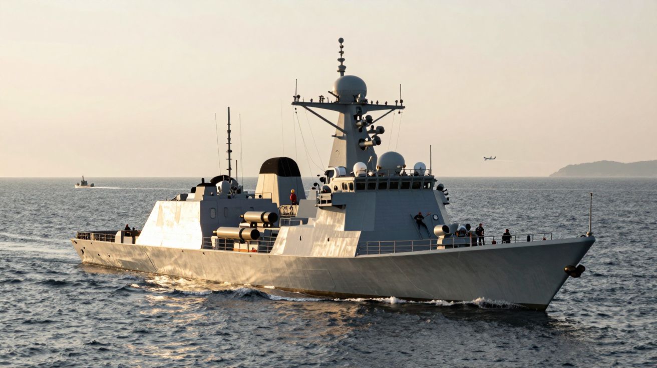 Navio de guerra militar cinzento navegando em mar calmo ao pôr do sol com pessoas a bordo.