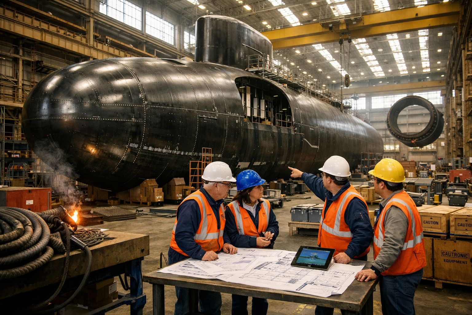 Quatro trabalhadores com capacetes e coletes discutem planos junto a um submarino em construção numa fábrica.
