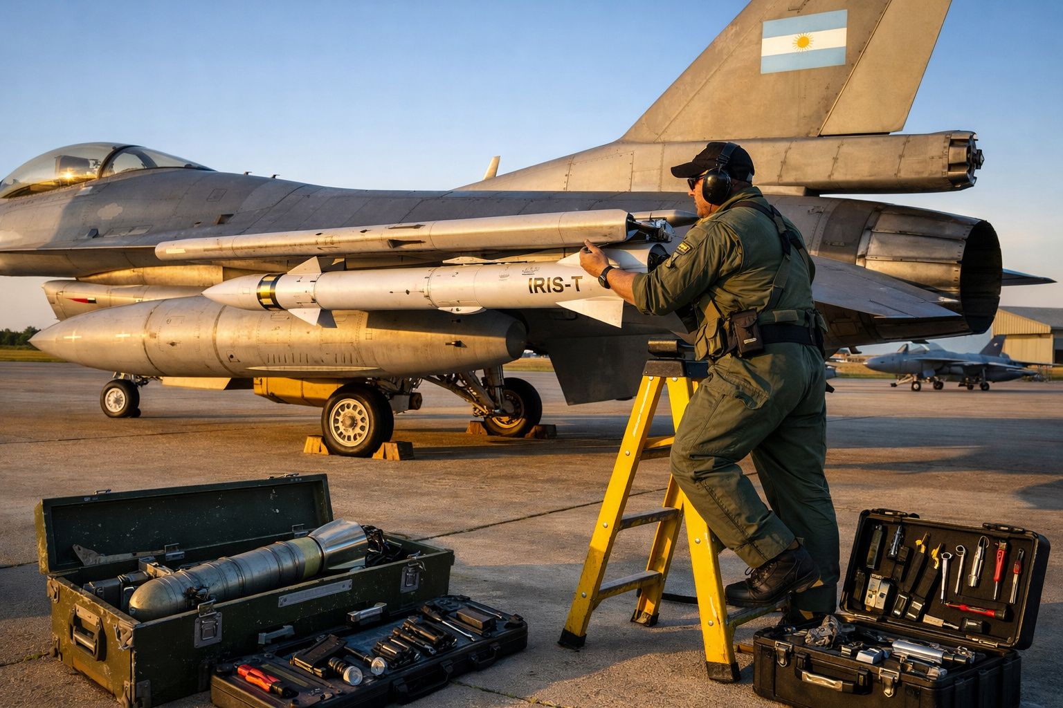 Técnico militar a inspecionar o míssil IRIS-T montado numa aeronave de combate num aeroporto militar.