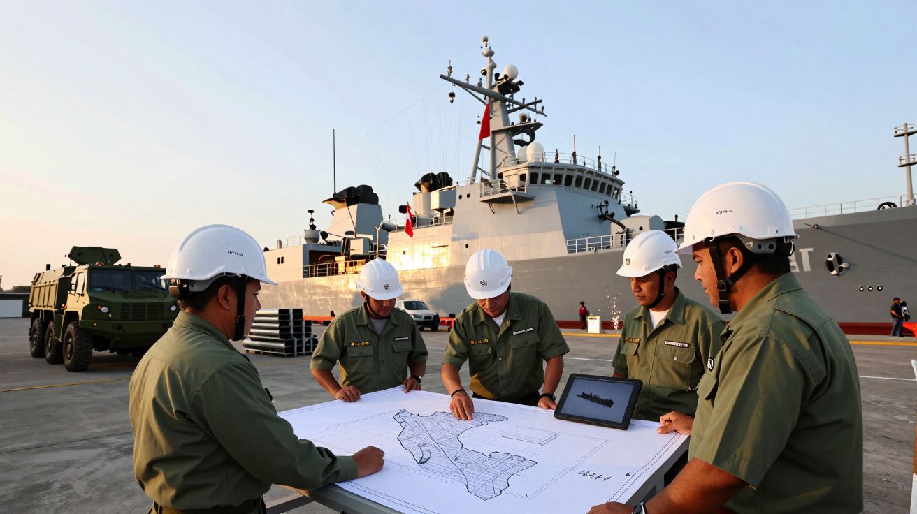 Cinco militares com capacetes brancos analisam mapa numa doca com navio militar ao fundo ao pôr do sol.