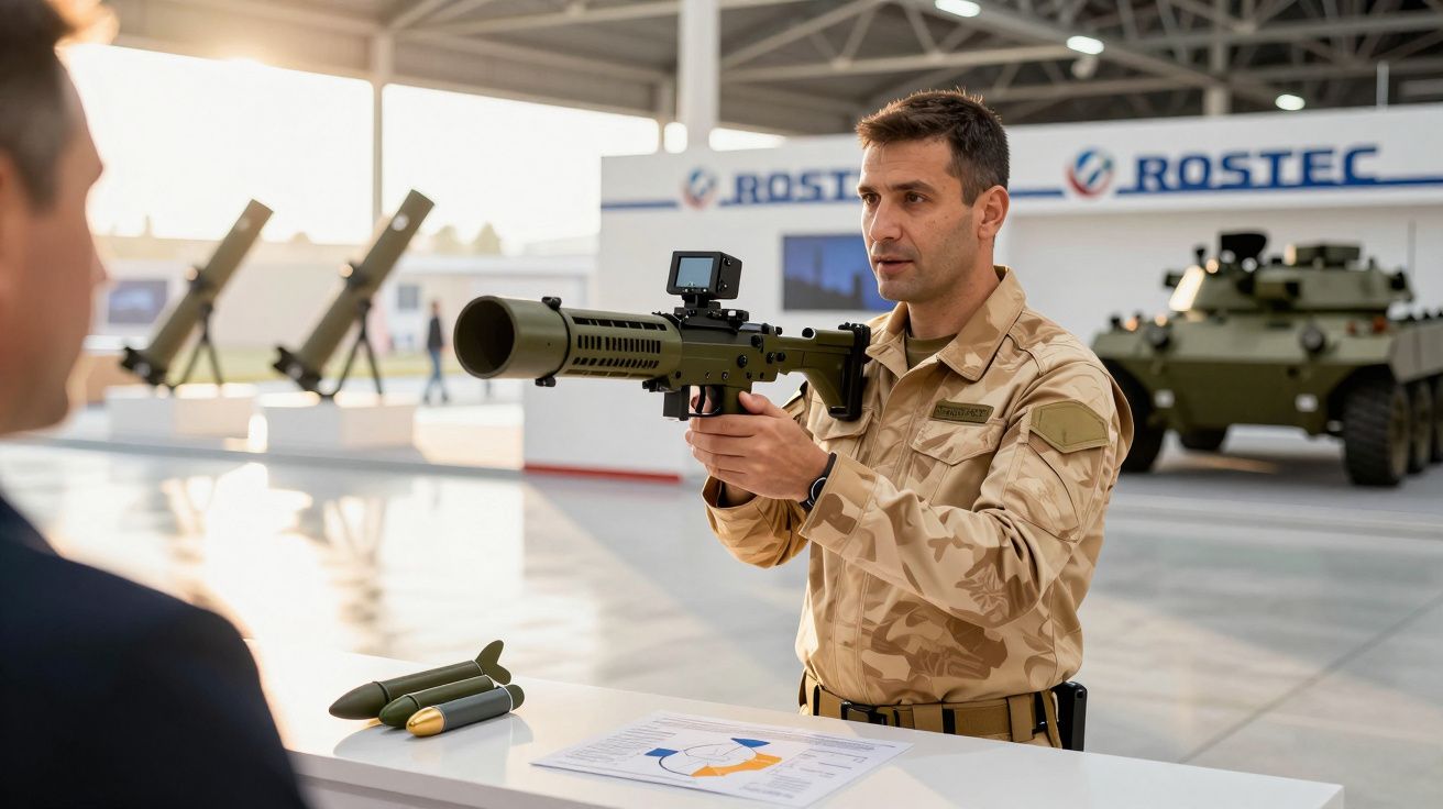 Homem em uniforme militar apresenta lança-foguetes numa feira de armamento, com veículos blindados ao fundo.