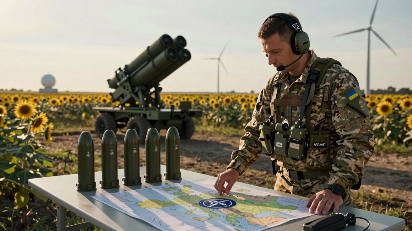 Soldado em uniforme camuflado com auriculares analisa mapa sobre mesa com munições, campos de girassóis e turbinas eólicas ao
