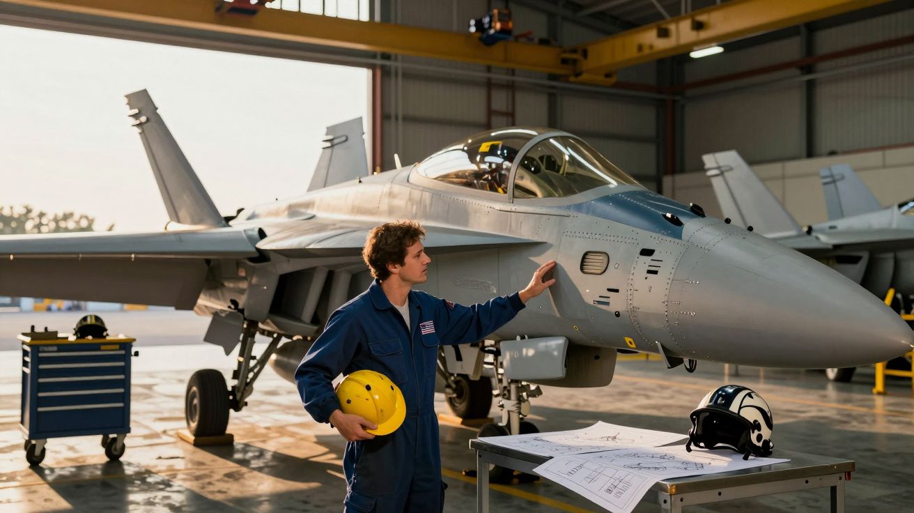 Homem com fato azul e capacete amarelo segura avião de combate cinzento numa oficina de manutenção.