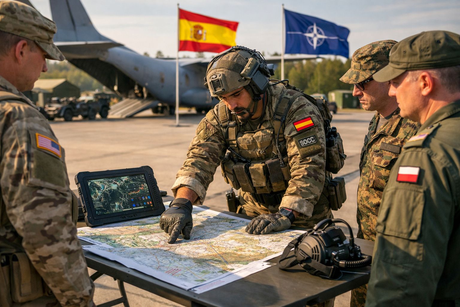 Quatro militares de várias nacionalidades analisam um mapa sobre uma mesa num aeroporto militar.