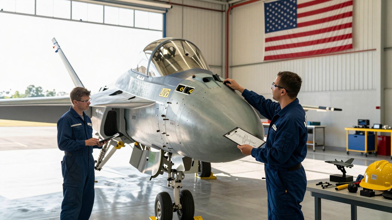 Dois técnicos em fato azul inspecionam um jato militar cinzento numa hangar com bandeira dos EUA.
