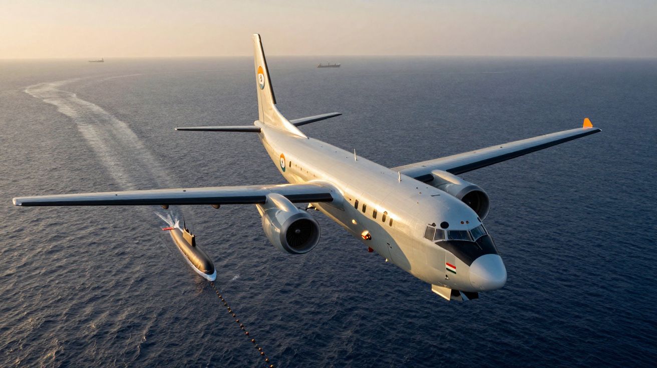 Avião militar em voo sobre o mar com submarino e dois navios ao fundo ao pôr do sol.