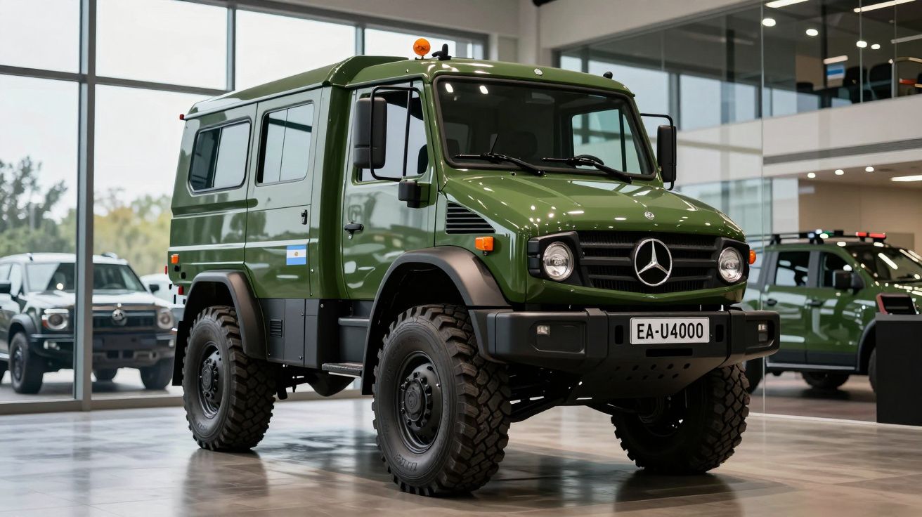 Veículo todo-o-terreno Mercedes-Benz verde exército exposto numa sala de showroom moderna.