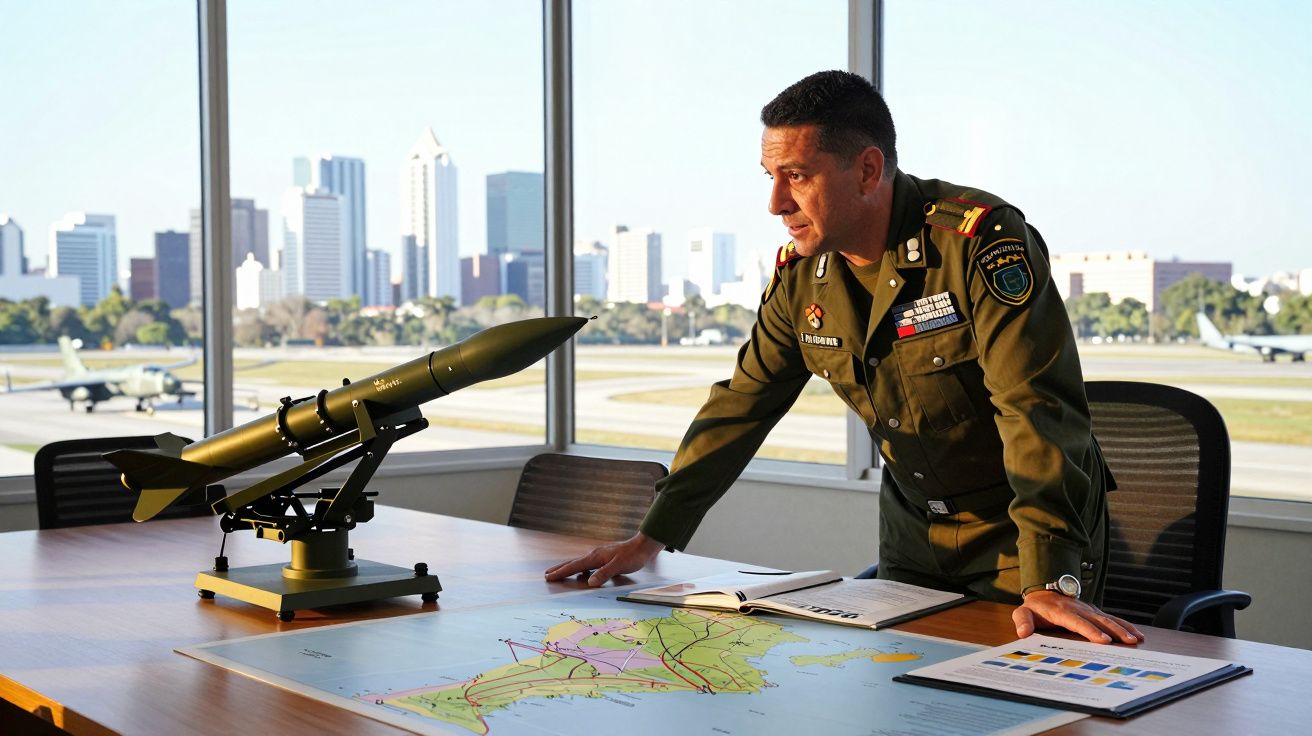 Homem em uniforme militar examina mapa e modelo de míssil numa sala com vista para pista de avião.