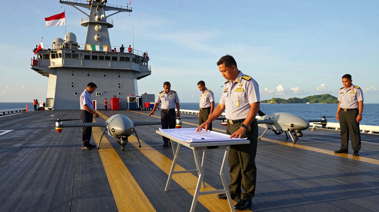 Cinco militares em convés de porta-aviões com drones e uma mesa para leitura de mapas ao pôr do sol.