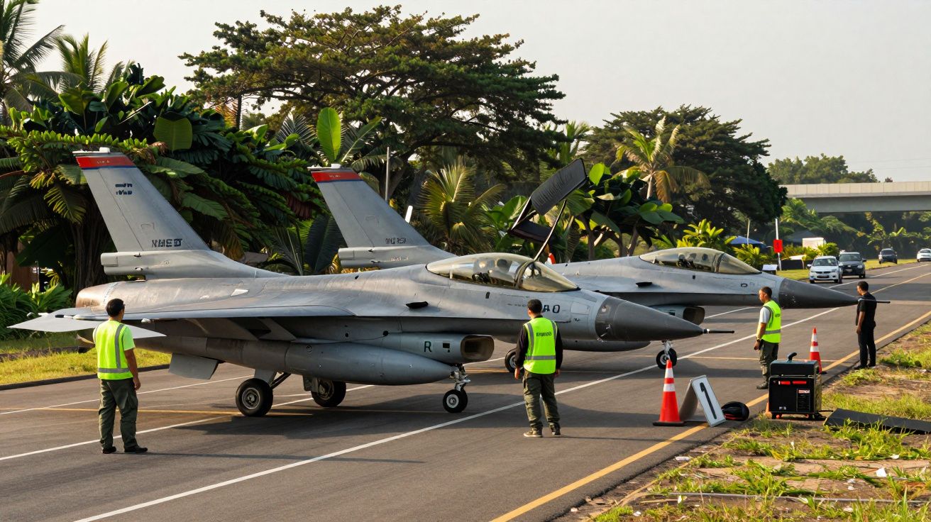 Dois caças militares estacionados numa pista de estrada com quatro pessoas em coletes amarelos e cones de sinalização.