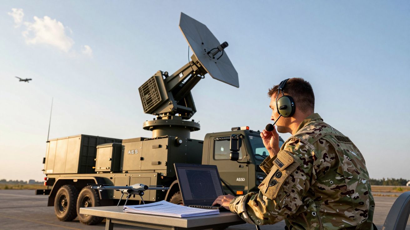 Soldado em uniforme militar opera equipamento de radar e comunica por rádio em pista de aeroporto.