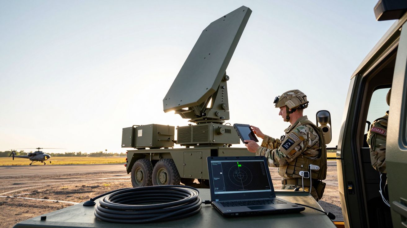 Soldado militar ao lado de radar militar móvel em ambiente aberto com computador portátil e helicóptero ao fundo.