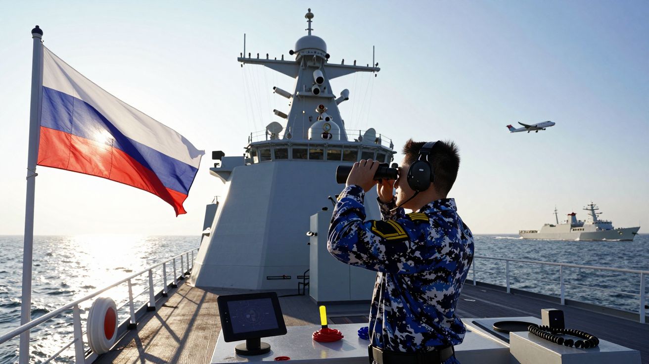 Militar russo no convés de um navio de guerra com binóculos e uma bandeira russa ao lado no mar.