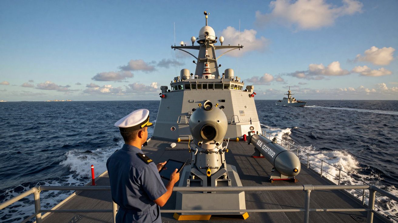 Marinha militar portuguesa com oficial no convés de corveta em mar calmo sob céu azul com nuvens.