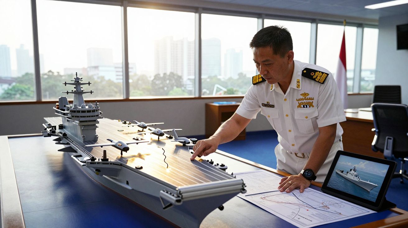 Homem em uniforme naval examina maquete de porta-aviões e planos numa mesa de escritório com janela panorâmica.