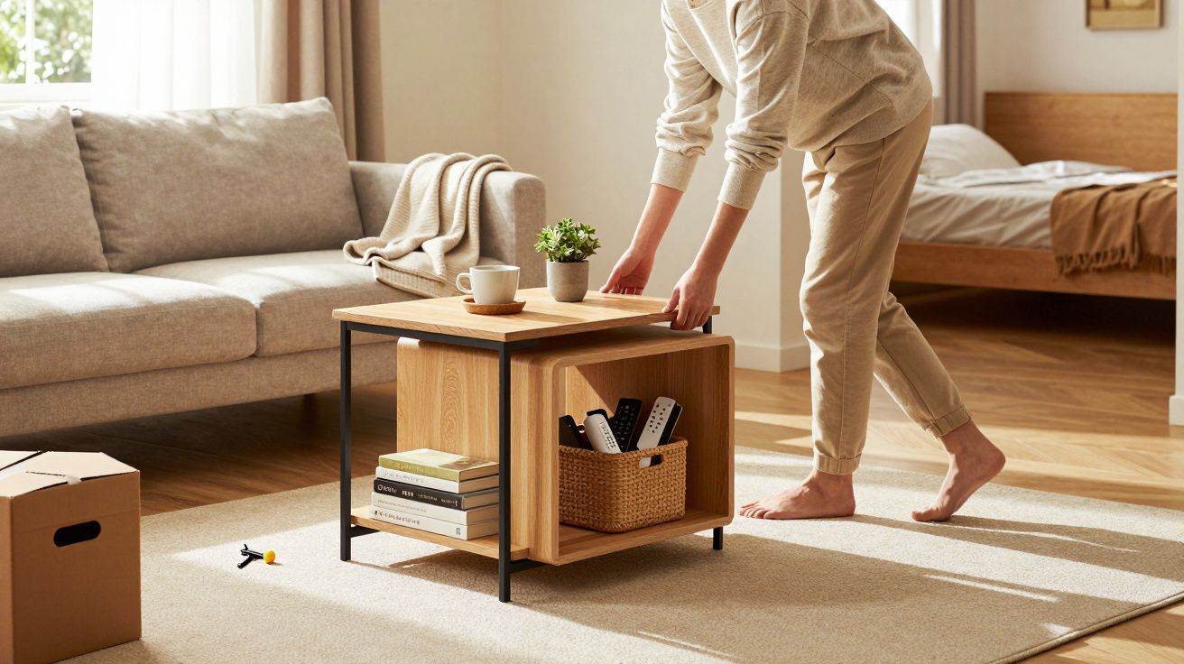 Pessoa a organizar uma mesa de centro numa sala acolhedora com sofá e estante, em luz natural.