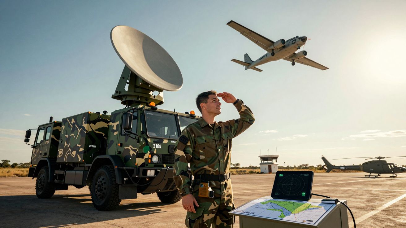 Soldado militar em uniforme camuflado vigiando o voo de um avião numa base aérea com equipamento radar.