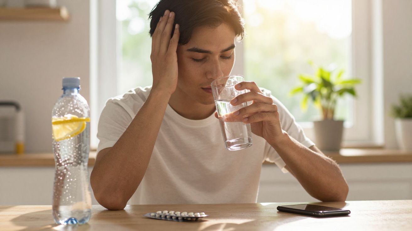 Homem jovem a beber água com remédios, uma garrafa com limão e telemóvel sobre a mesa.