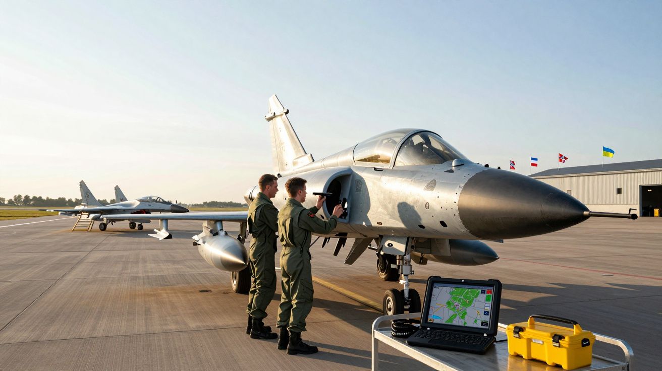 Dois pilotos em fato de voo realizam inspeção num caça junto a portátil no aeroporto militar ao amanhecer.