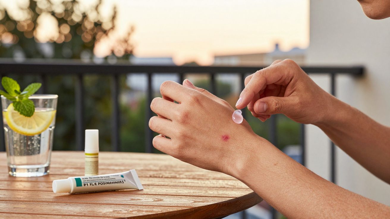 Pessoa a aplicar creme numa irritação na mão num ambiente exterior, com copo de água e produtos sobre mesa de madeira.