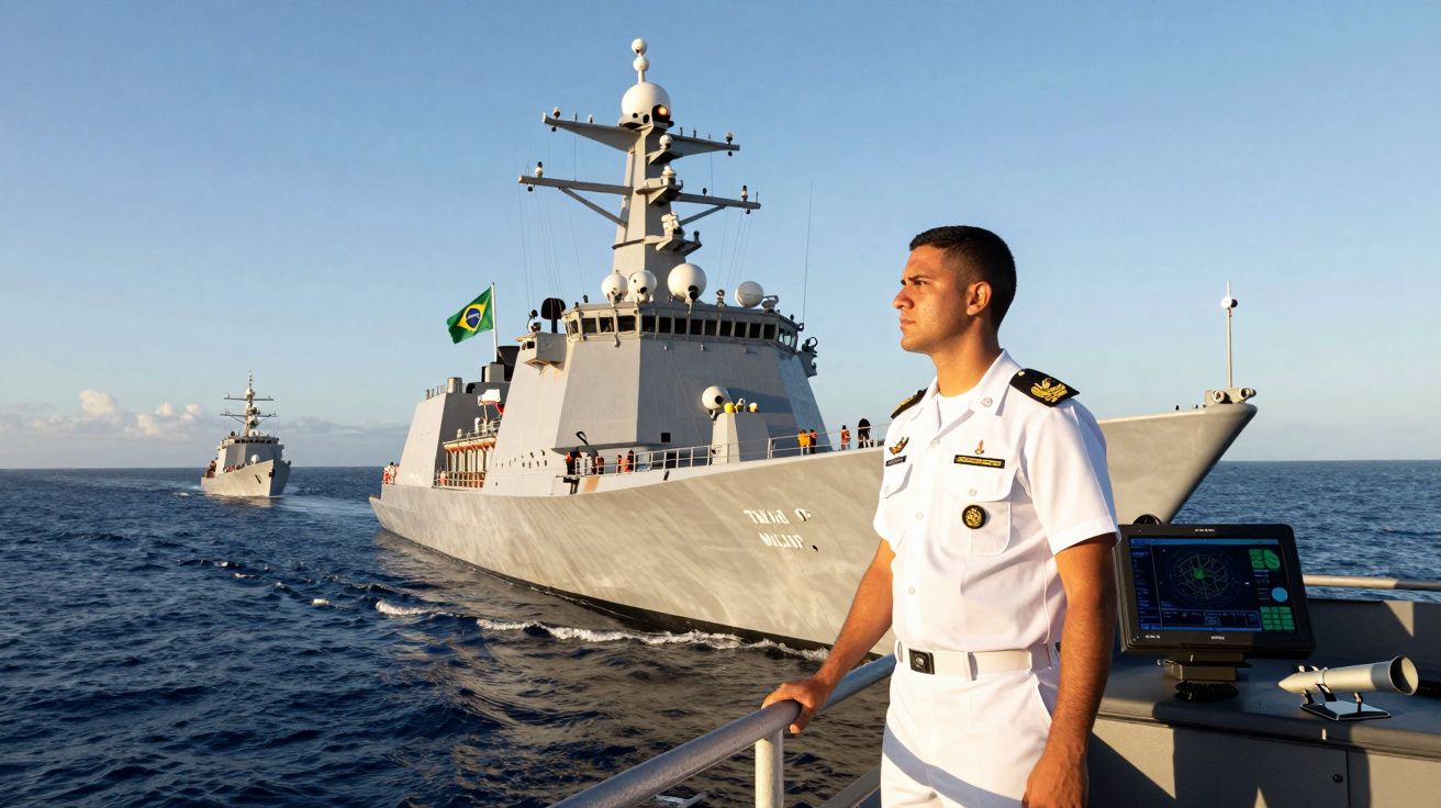 Marinheiro na proa de um navio de guerra brasileiro no oceano, com outro navio ao fundo sob céu limpo.
